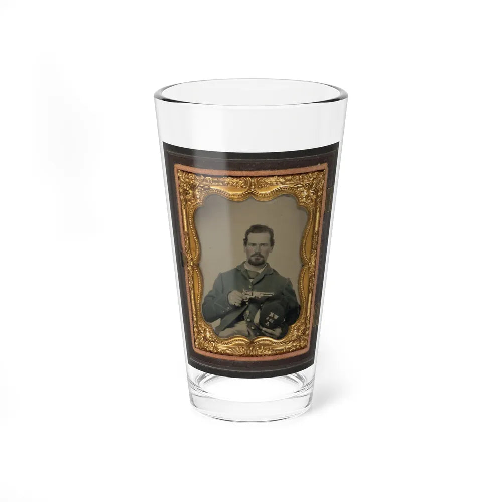 Unidentified Soldier In Union Uniform And Forage Cap With Insignia Of Company A, 124th Regiment W.K., Holding Revolver (U.S. Civil War) Pint Glass 16oz-16oz-Go Mug Yourself