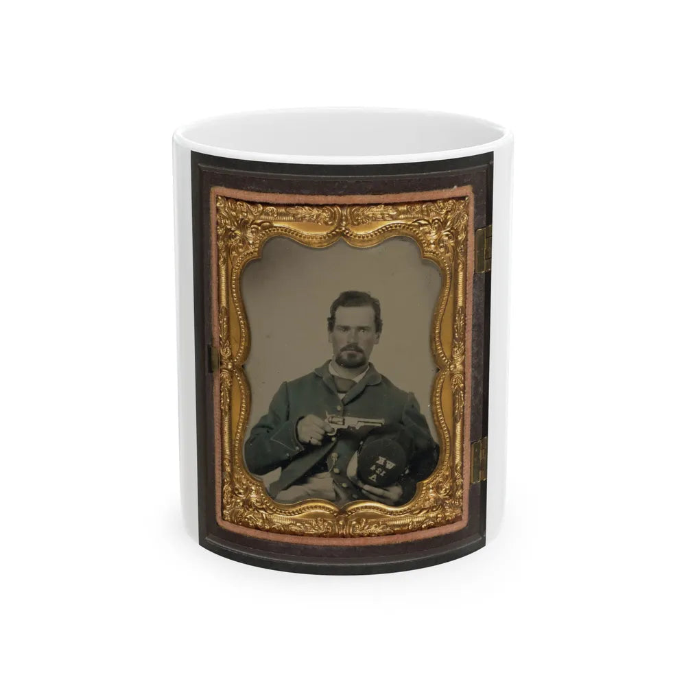 Unidentified Soldier In Union Uniform And Forage Cap With Insignia Of Company A, 124th Regiment W.K., Holding Revolver (U.S. Civil War) White Coffee Mug-11oz-Go Mug Yourself