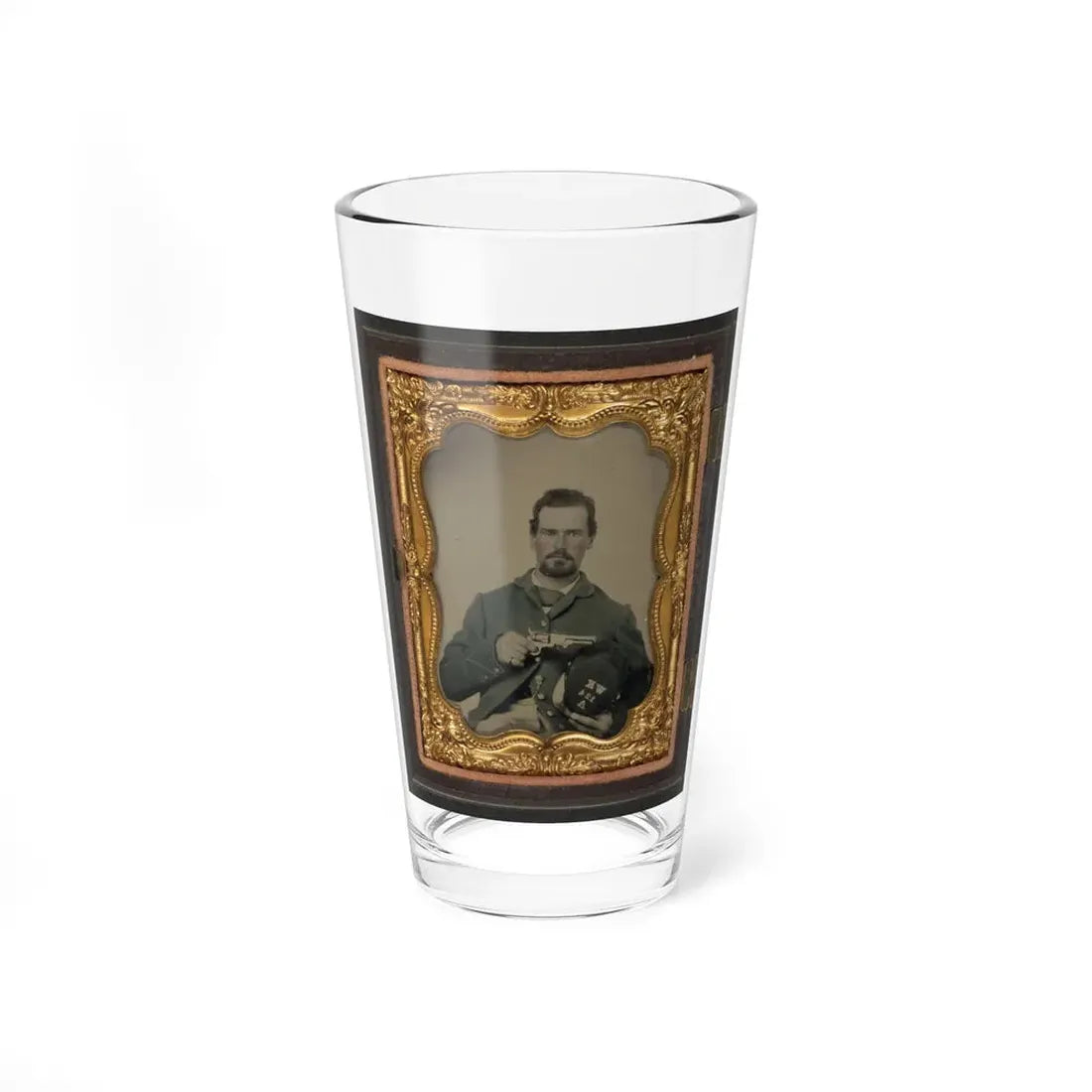 Unidentified Soldier In Union Uniform And Forage Cap With Insignia Of Company A, 124th Regiment W.K., Holding Revolver (U.S. Civil War) Pint Glass 16oz 16oz - Go Mug Yourself