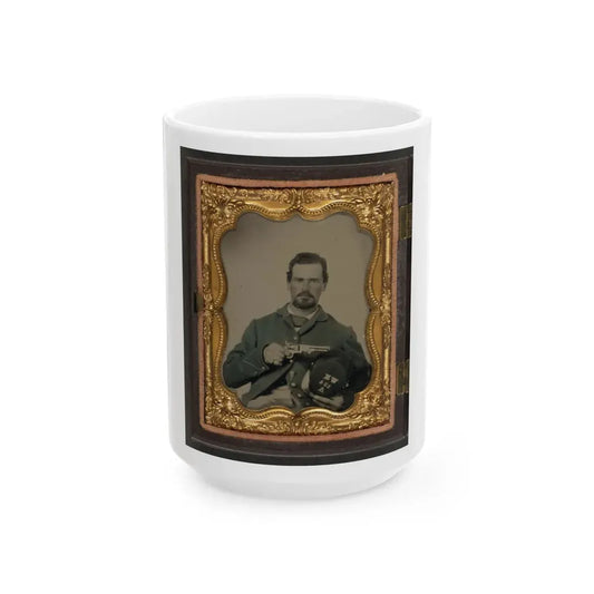 Unidentified Soldier In Union Uniform And Forage Cap With Insignia Of Company A, 124th Regiment W.K., Holding Revolver (U.S. Civil War) White Coffee Mug 15oz - Go Mug Yourself