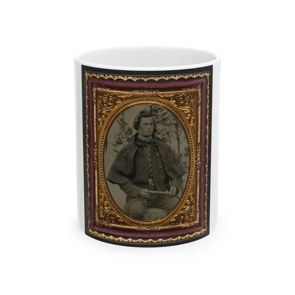 Unidentified Soldier In Union Uniform And Greatcoat Holding Handgun With Trees In Background (U.S. Civil War) White Coffee Mug-11oz-Go Mug Yourself