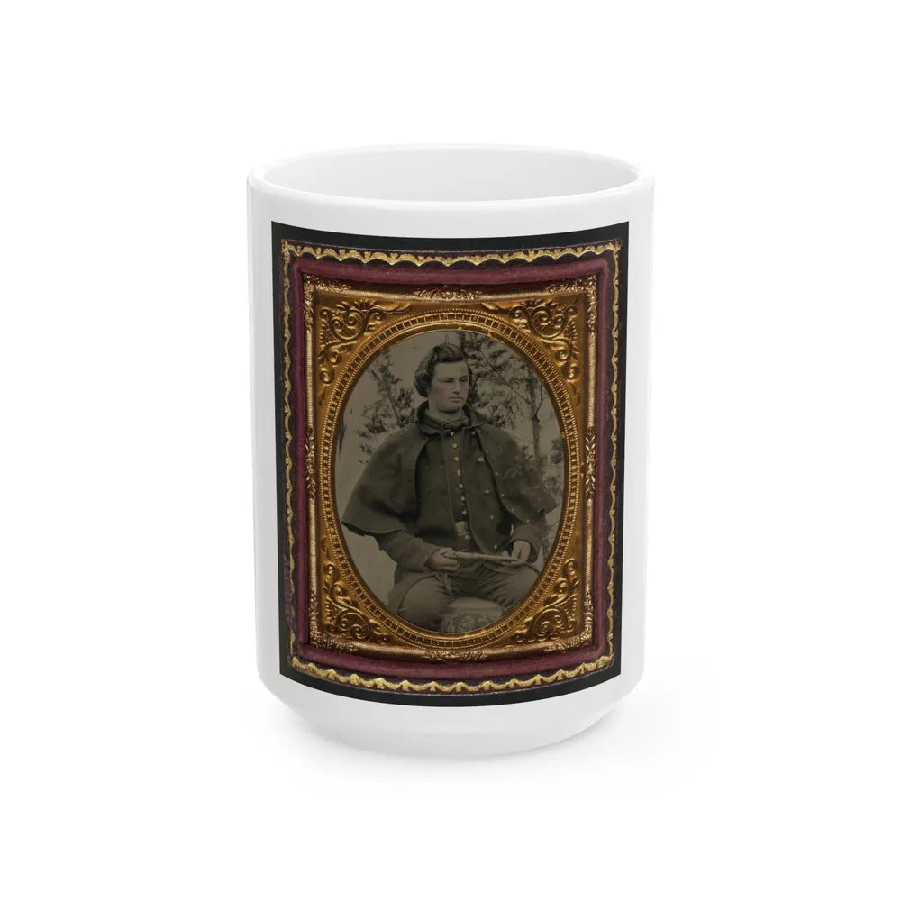 Unidentified Soldier In Union Uniform And Greatcoat Holding Handgun With Trees In Background (U.S. Civil War) White Coffee Mug-15oz-Go Mug Yourself