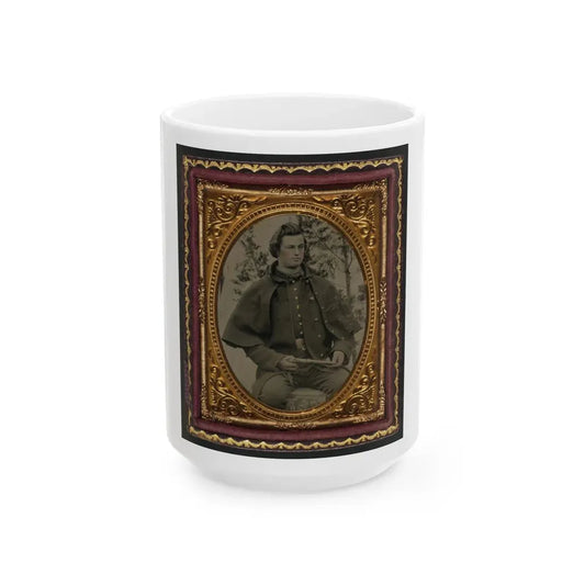 Unidentified Soldier In Union Uniform And Greatcoat Holding Handgun With Trees In Background (U.S. Civil War) White Coffee Mug 15oz - Go Mug Yourself