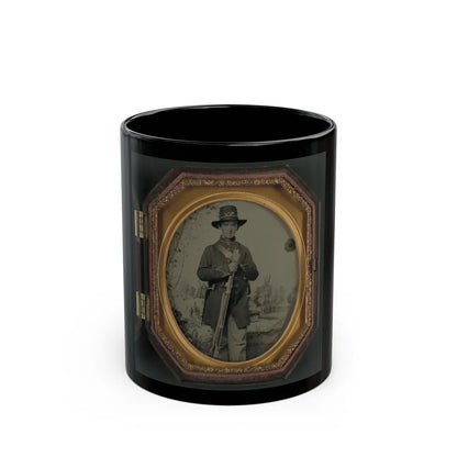 Unidentified Soldier In Union Uniform And Hardee Hat With Rifle In Front Of Painted Backdrop Showing Military Camp (U.S. Civil War) Black Coffee Mug-11oz-Go Mug Yourself