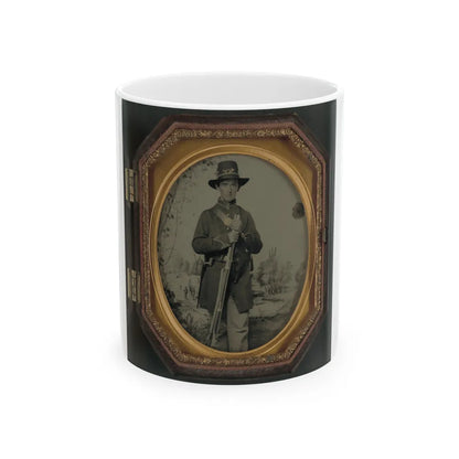 Unidentified Soldier In Union Uniform And Hardee Hat With Rifle In Front Of Painted Backdrop Showing Military Camp (U.S. Civil War) White Coffee Mug-11oz-Go Mug Yourself