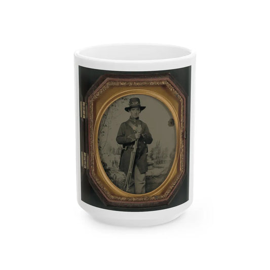 Unidentified Soldier In Union Uniform And Hardee Hat With Rifle In Front Of Painted Backdrop Showing Military Camp (U.S. Civil War) White Coffee Mug-15oz-Go Mug Yourself