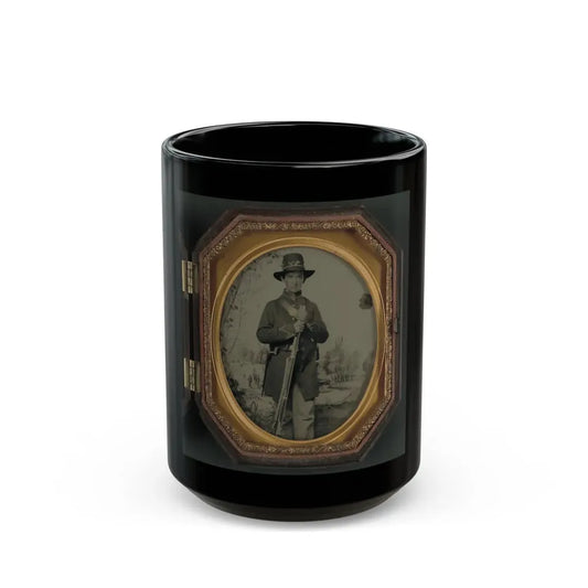 Unidentified Soldier In Union Uniform And Hardee Hat With Rifle In Front Of Painted Backdrop Showing Military Camp (U.S. Civil War) Black Coffee Mug 15oz - Go Mug Yourself