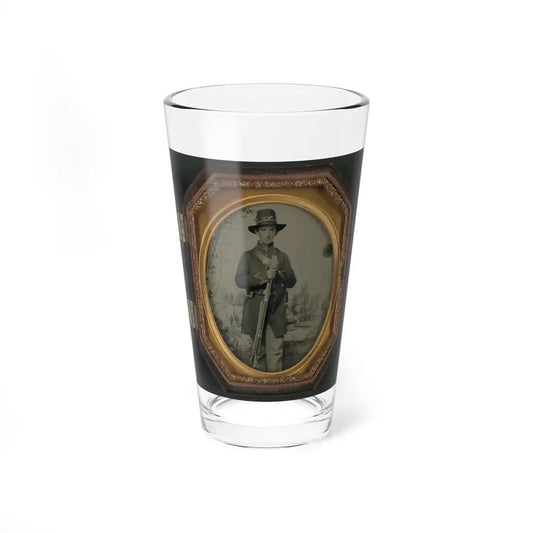 Unidentified Soldier In Union Uniform And Hardee Hat With Rifle In Front Of Painted Backdrop Showing Military Camp (U.S. Civil War) Pint Glass 16oz 16oz - Go Mug Yourself