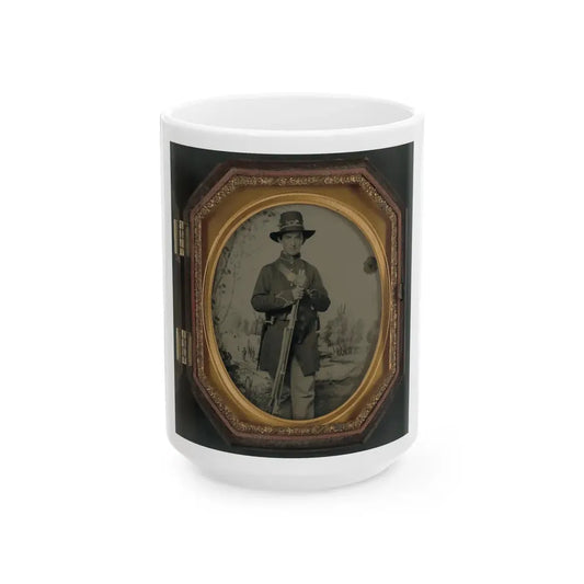 Unidentified Soldier In Union Uniform And Hardee Hat With Rifle In Front Of Painted Backdrop Showing Military Camp (U.S. Civil War) White Coffee Mug 15oz - Go Mug Yourself