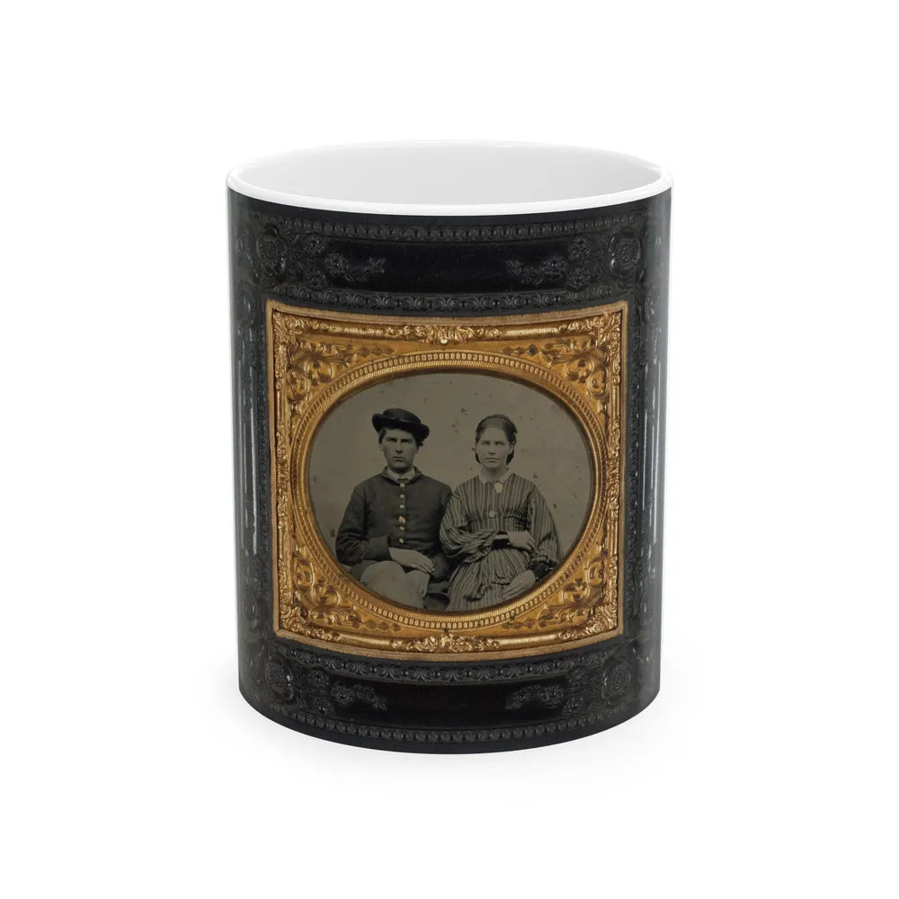 Unidentified Soldier In Union Uniform And Hat And Unidentified Woman In Patterned Dress (U.S. Civil War) White Coffee Mug-11oz-Go Mug Yourself