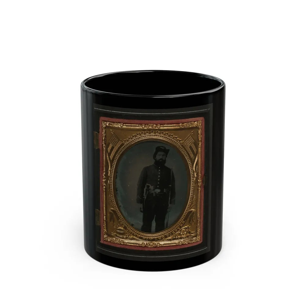 Unidentified Soldier In Union Uniform And Infantry Hardee Hat With Musket, Revolver, And Bowie Knife With Sheath (U.S. Civil War) Black Coffee Mug-11oz-Go Mug Yourself