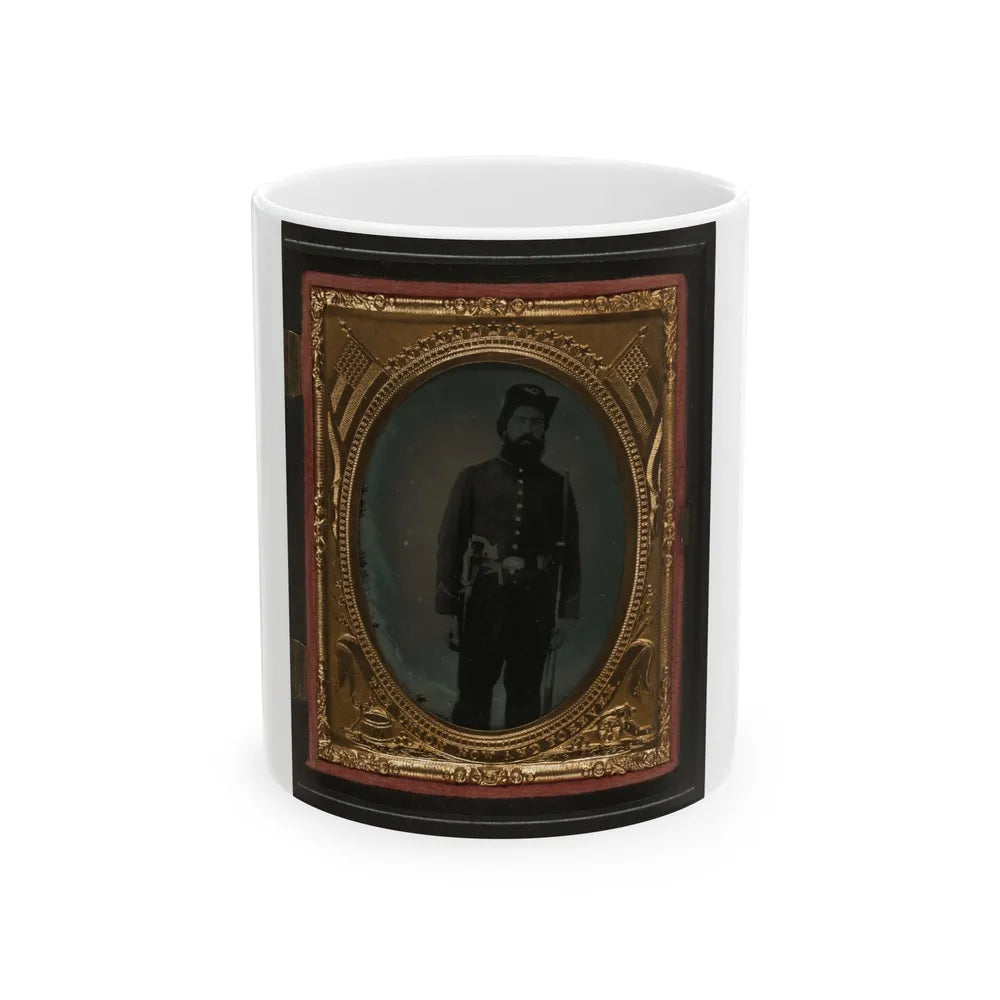 Unidentified Soldier In Union Uniform And Infantry Hardee Hat With Musket, Revolver, And Bowie Knife With Sheath (U.S. Civil War) White Coffee Mug-11oz-Go Mug Yourself