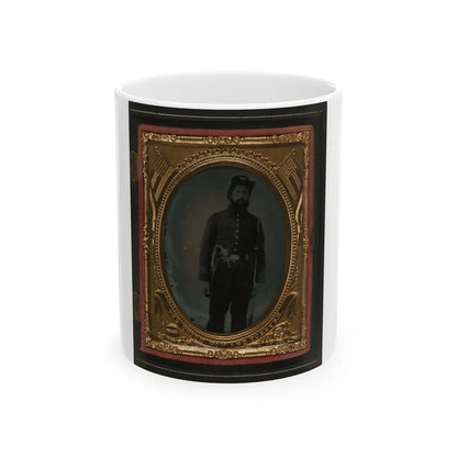 Unidentified Soldier In Union Uniform And Infantry Hardee Hat With Musket, Revolver, And Bowie Knife With Sheath (U.S. Civil War) White Coffee Mug-11oz-Go Mug Yourself