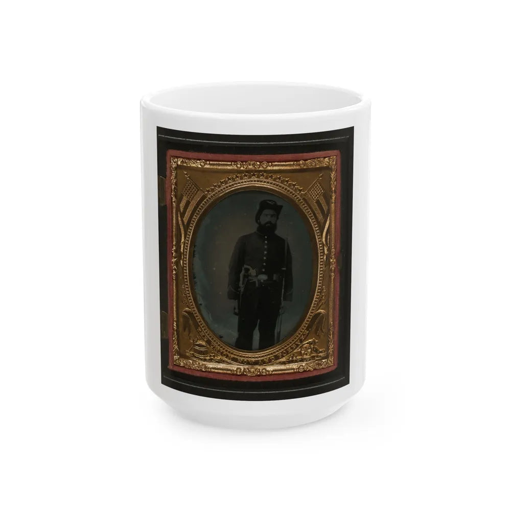 Unidentified Soldier In Union Uniform And Infantry Hardee Hat With Musket, Revolver, And Bowie Knife With Sheath (U.S. Civil War) White Coffee Mug-15oz-Go Mug Yourself