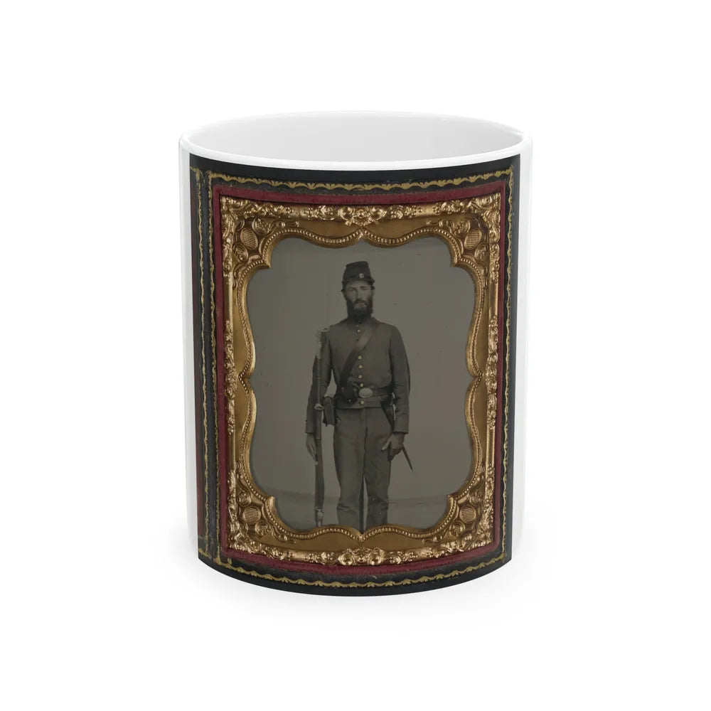 Unidentified Soldier In Union Uniform And Ohio Volunteer Militia Belt Buckle With Bayoneted Musket (U.S. Civil War) White Coffee Mug-11oz-Go Mug Yourself