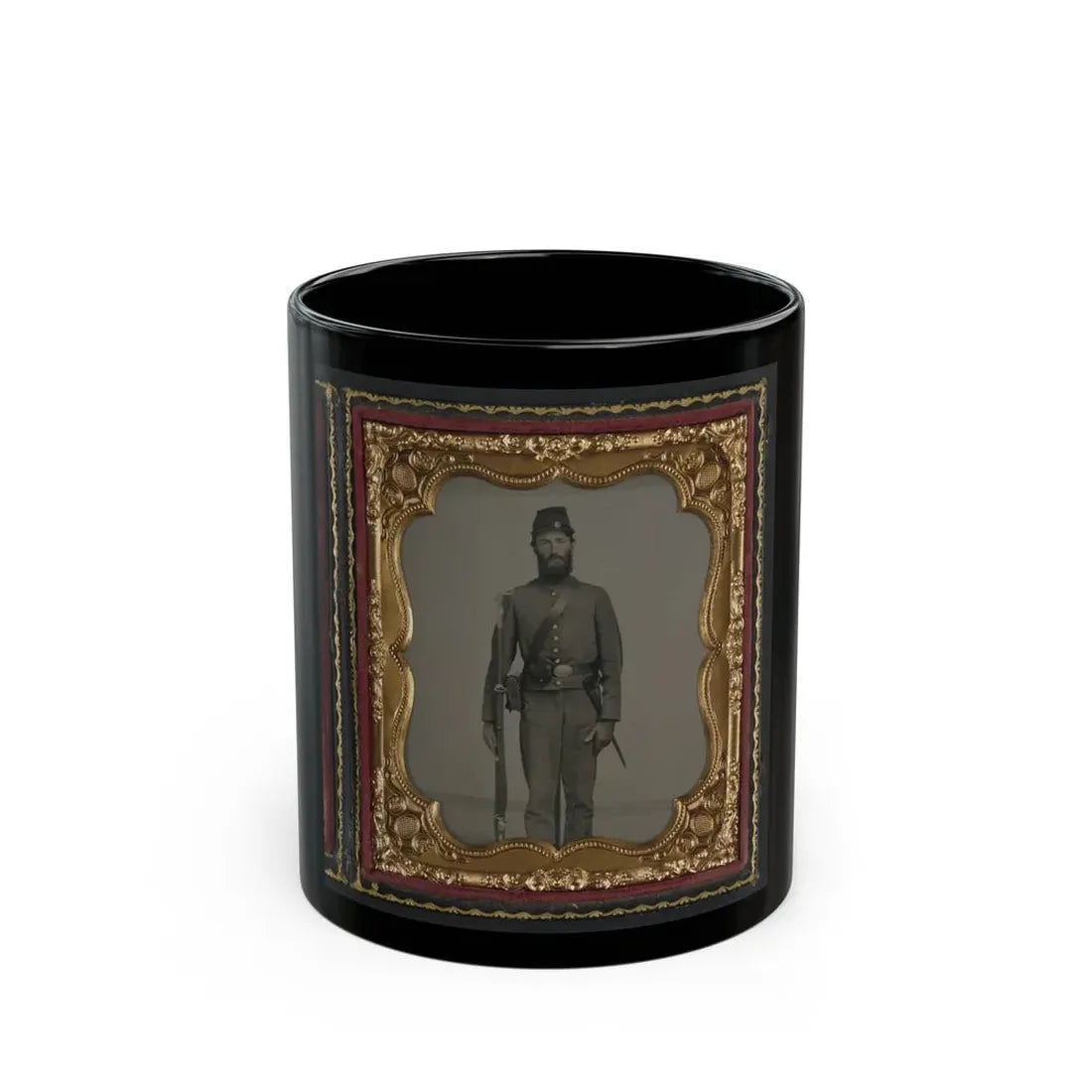 Unidentified Soldier In Union Uniform And Ohio Volunteer Militia Belt Buckle With Bayoneted Musket (U.S. Civil War) Black Coffee Mug 11oz - Go Mug Yourself