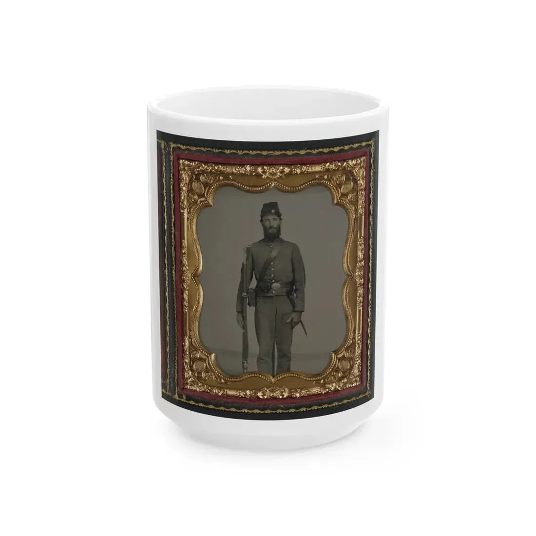 Unidentified Soldier In Union Uniform And Ohio Volunteer Militia Belt Buckle With Bayoneted Musket (U.S. Civil War) White Coffee Mug 15oz - Go Mug Yourself