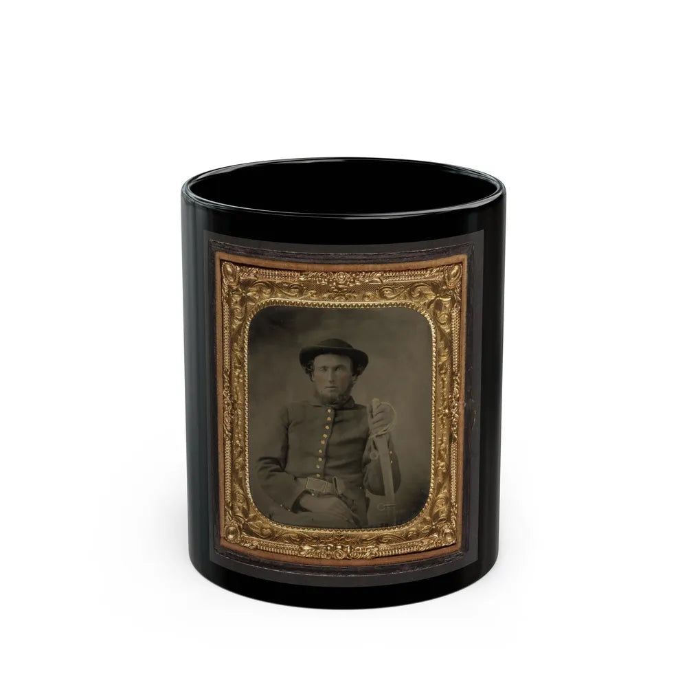 Unidentified Soldier In Union Uniform And Slouch Cap Sitting With Holstered Revolver And Cavalry Saber (U.S. Civil War) Black Coffee Mug-11oz-Go Mug Yourself