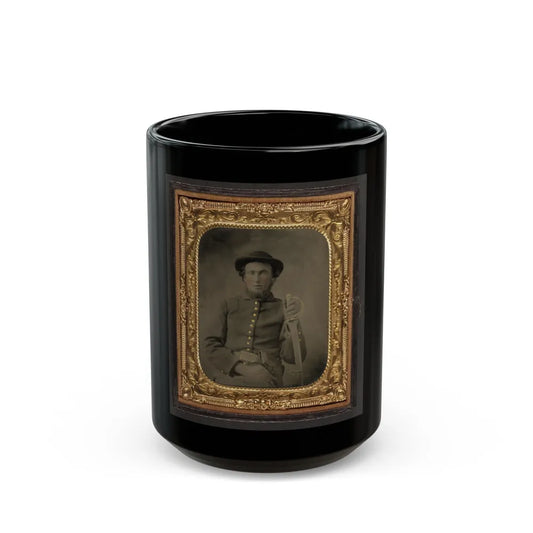 Unidentified Soldier In Union Uniform And Slouch Cap Sitting With Holstered Revolver And Cavalry Saber (U.S. Civil War) Black Coffee Mug-15oz-Go Mug Yourself