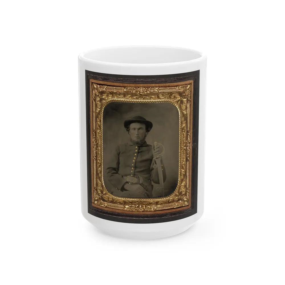 Unidentified Soldier In Union Uniform And Slouch Cap Sitting With Holstered Revolver And Cavalry Saber (U.S. Civil War) White Coffee Mug-15oz-Go Mug Yourself