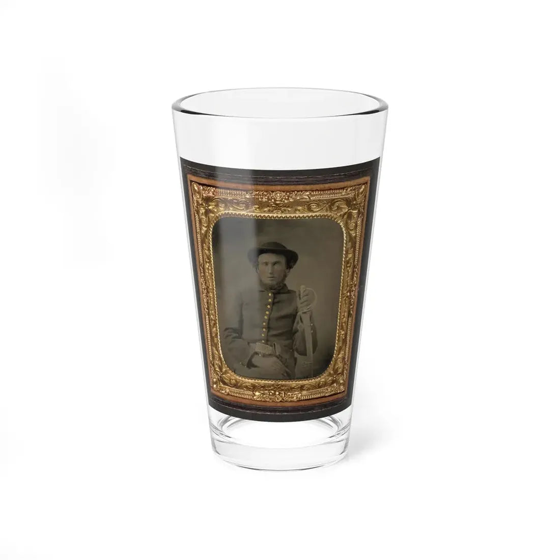 Unidentified Soldier In Union Uniform And Slouch Cap Sitting With Holstered Revolver And Cavalry Saber (U.S. Civil War) Pint Glass 16oz 16oz - Go Mug Yourself