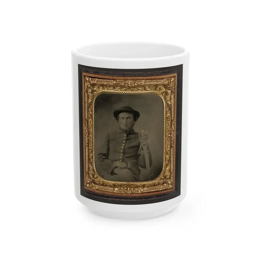 Unidentified Soldier In Union Uniform And Slouch Cap Sitting With Holstered Revolver And Cavalry Saber (U.S. Civil War) White Coffee Mug 15oz - Go Mug Yourself