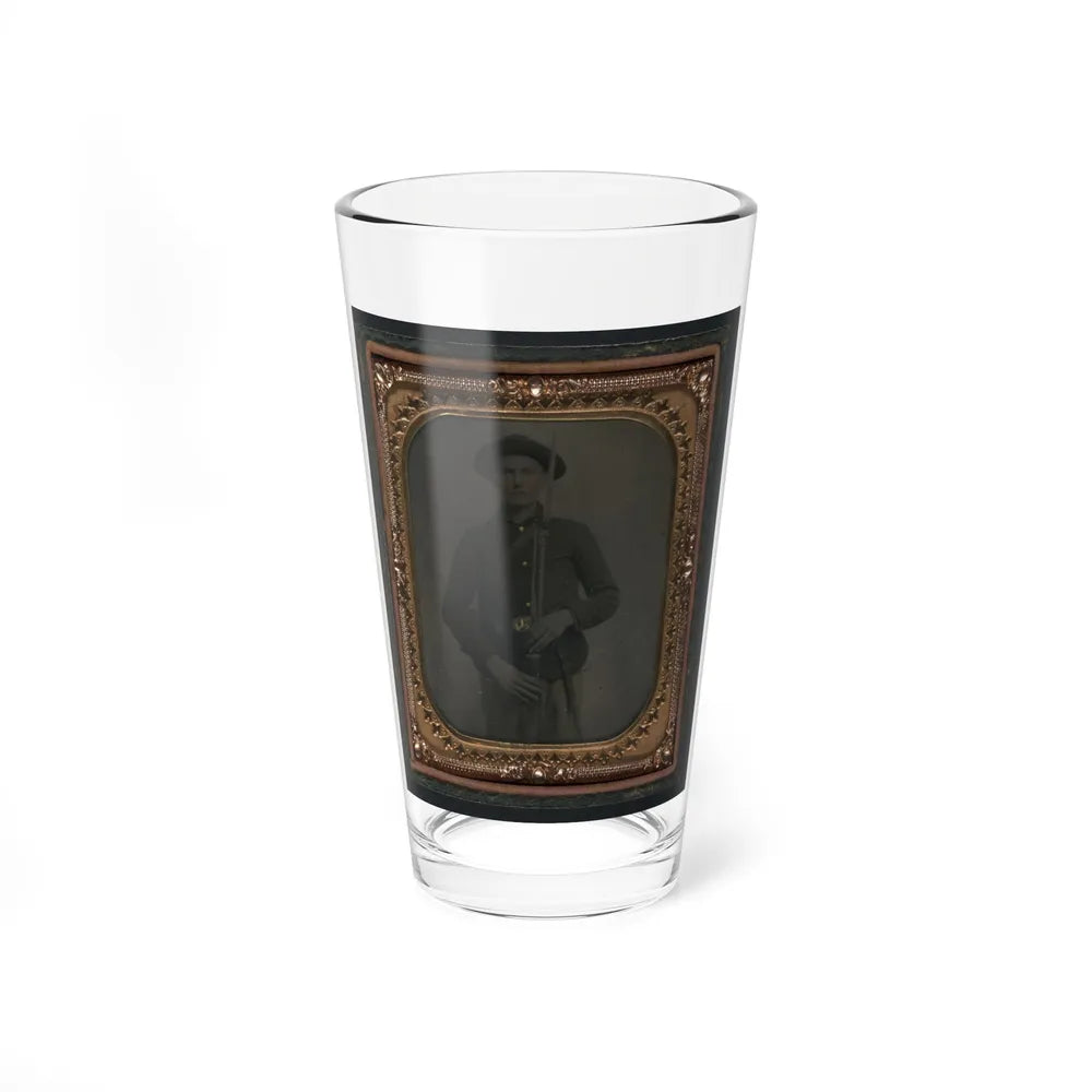 Unidentified Soldier In Union Uniform And Slouch Cap With Bayoneted Musket, Cap Box, Cartridge Box, And Bayonet Scabbard (U.S. Civil War) Pint Glass 16oz-16oz-Go Mug Yourself