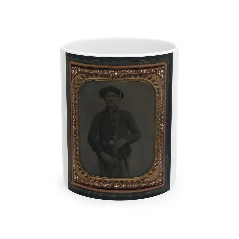 Unidentified Soldier In Union Uniform And Slouch Cap With Bayoneted Musket, Cap Box, Cartridge Box, And Bayonet Scabbard (U.S. Civil War) White Coffee Mug-11oz-Go Mug Yourself