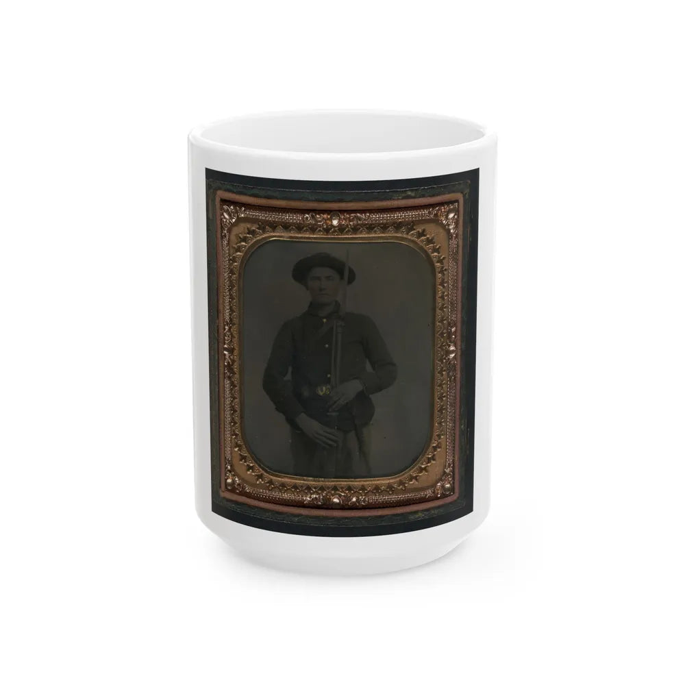 Unidentified Soldier In Union Uniform And Slouch Cap With Bayoneted Musket, Cap Box, Cartridge Box, And Bayonet Scabbard (U.S. Civil War) White Coffee Mug-15oz-Go Mug Yourself