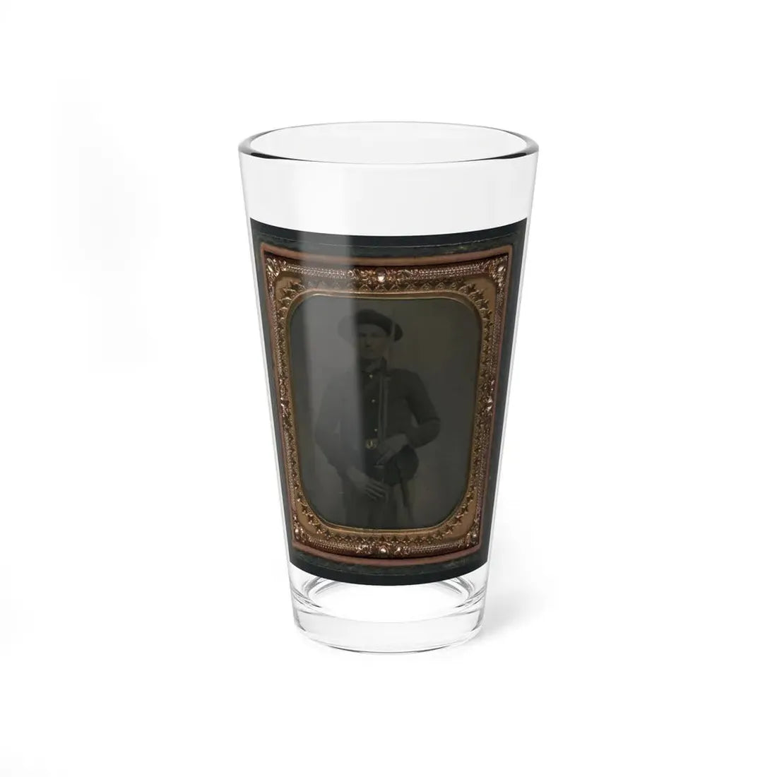 Unidentified Soldier In Union Uniform And Slouch Cap With Bayoneted Musket, Cap Box, Cartridge Box, And Bayonet Scabbard (U.S. Civil War) Pint Glass 16oz 16oz - Go Mug Yourself