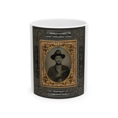 Unidentified Soldier In Union Uniform And Slouch Cap With Infantry Insignia Holding Revolver To Chest (U.S. Civil War) White Coffee Mug-11oz-Go Mug Yourself