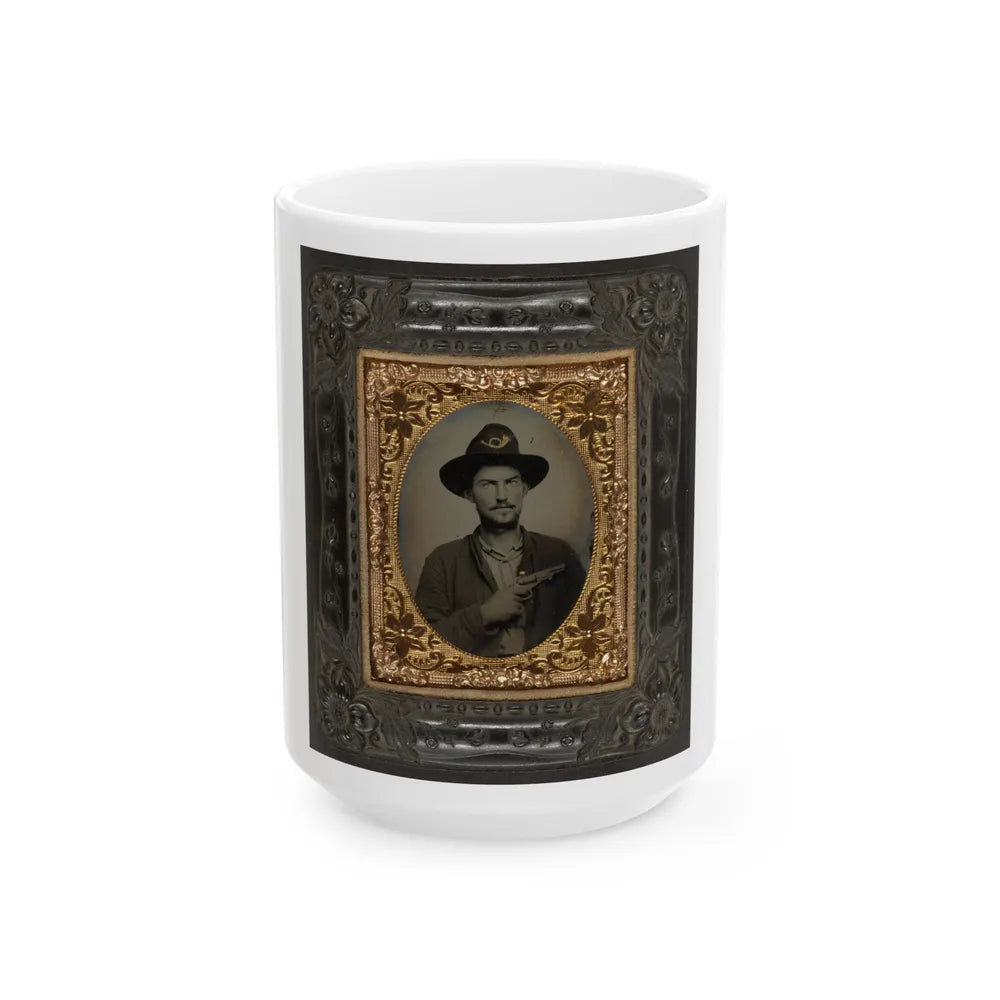 Unidentified Soldier In Union Uniform And Slouch Cap With Infantry Insignia Holding Revolver To Chest (U.S. Civil War) White Coffee Mug-15oz-Go Mug Yourself