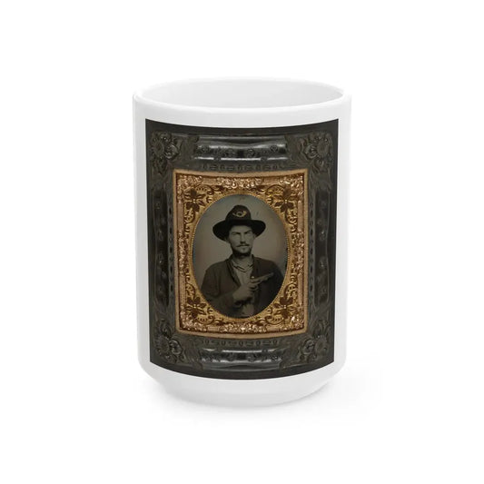 Unidentified Soldier In Union Uniform And Slouch Cap With Infantry Insignia Holding Revolver To Chest (U.S. Civil War) White Coffee Mug 15oz - Go Mug Yourself