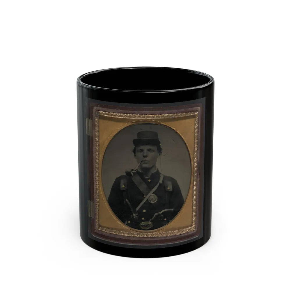 Unidentified Soldier In Union Uniform And State Of New York Belt Buckle With Revolver And Side Knife And Smoking Pipe (U.S. Civil War) Black Coffee Mug-11oz-Go Mug Yourself