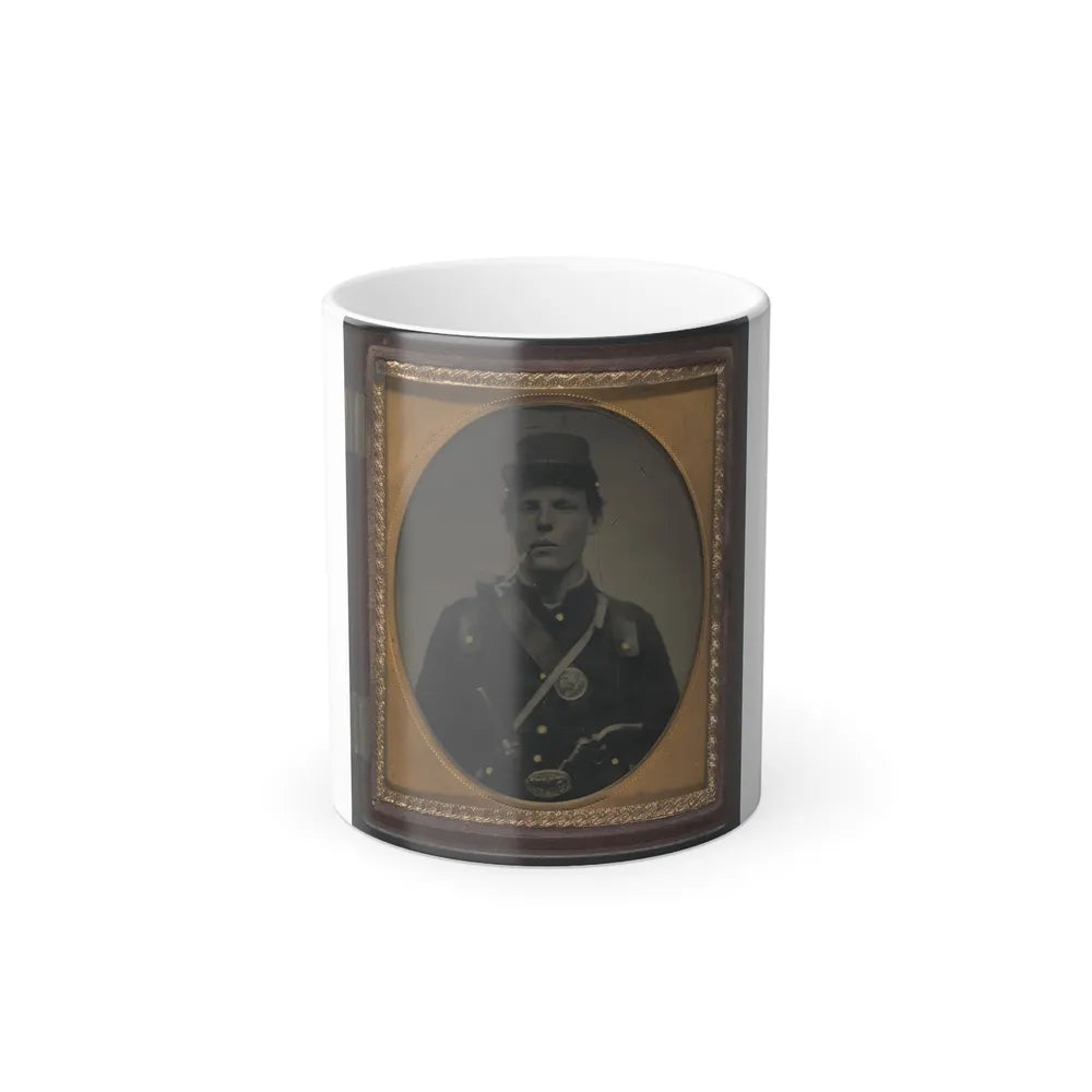 Unidentified Soldier in Union Uniform and State of New York Belt Buckle With Revolver and Side Knife and Smoking Pipe (U.S. Civil War) Color Changing Coffee Mug 11oz-11oz-Go Mug Yourself