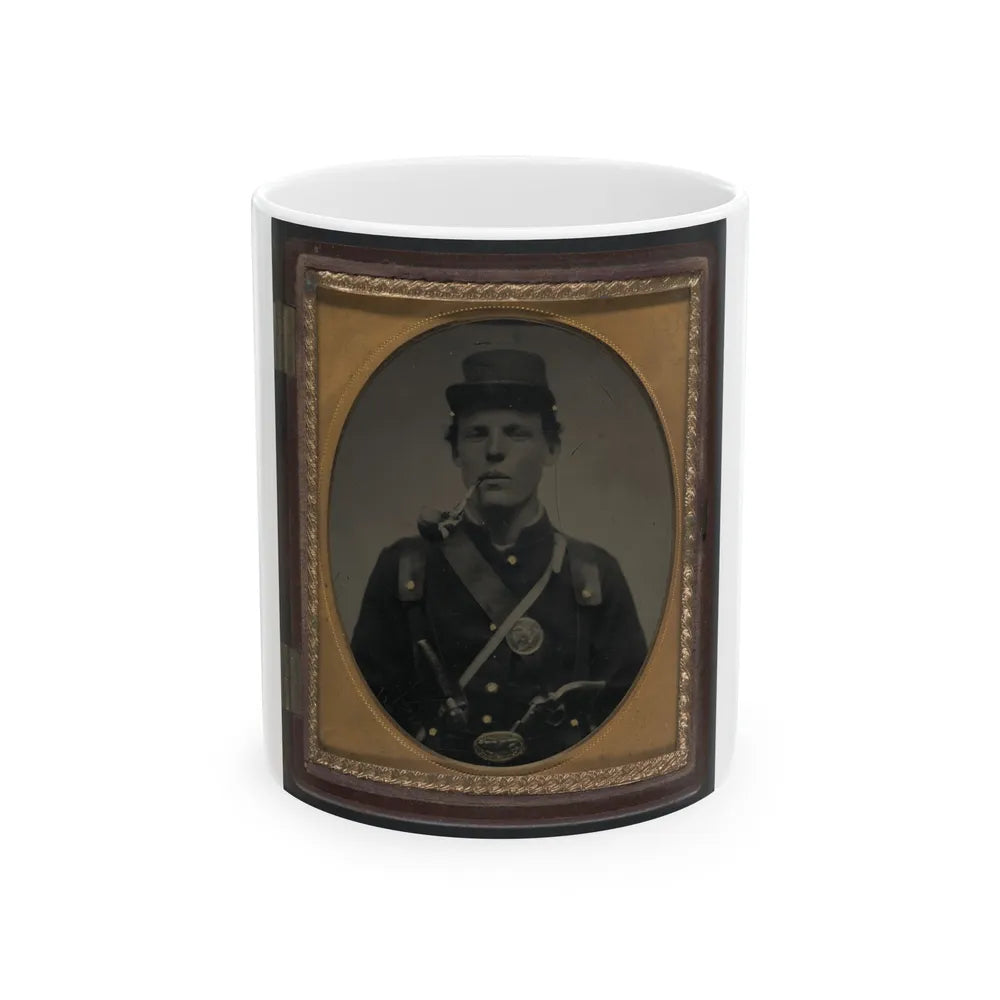 Unidentified Soldier In Union Uniform And State Of New York Belt Buckle With Revolver And Side Knife And Smoking Pipe (U.S. Civil War) White Coffee Mug-11oz-Go Mug Yourself