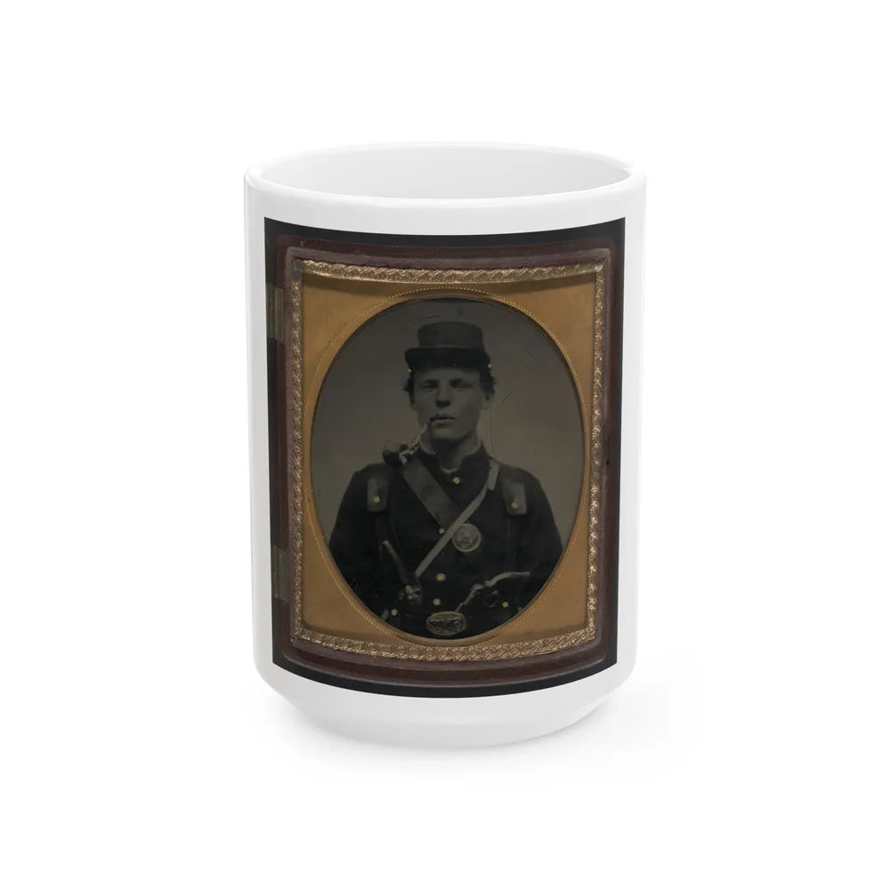 Unidentified Soldier In Union Uniform And State Of New York Belt Buckle With Revolver And Side Knife And Smoking Pipe (U.S. Civil War) White Coffee Mug-15oz-Go Mug Yourself