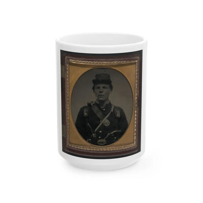 Unidentified Soldier In Union Uniform And State Of New York Belt Buckle With Revolver And Side Knife And Smoking Pipe (U.S. Civil War) White Coffee Mug-15oz-Go Mug Yourself