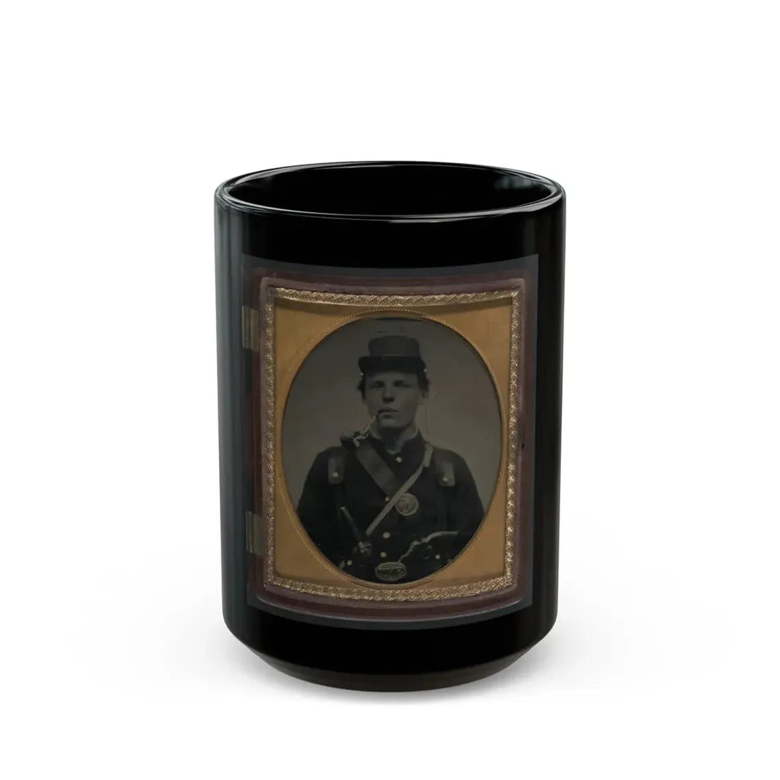 Unidentified Soldier In Union Uniform And State Of New York Belt Buckle With Revolver And Side Knife And Smoking Pipe (U.S. Civil War) Black Coffee Mug 15oz - Go Mug Yourself