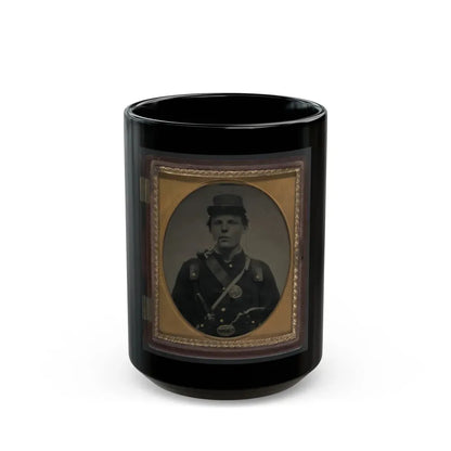 Unidentified Soldier In Union Uniform And State Of New York Belt Buckle With Revolver And Side Knife And Smoking Pipe (U.S. Civil War) Black Coffee Mug 15oz - Go Mug Yourself