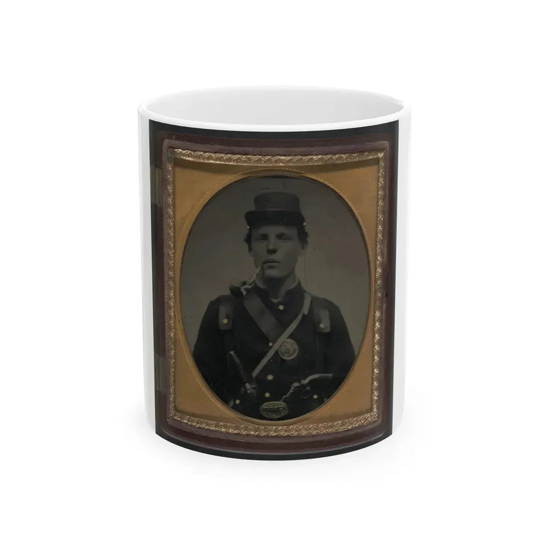 Unidentified Soldier In Union Uniform And State Of New York Belt Buckle With Revolver And Side Knife And Smoking Pipe (U.S. Civil War) White Coffee Mug 11oz - Go Mug Yourself
