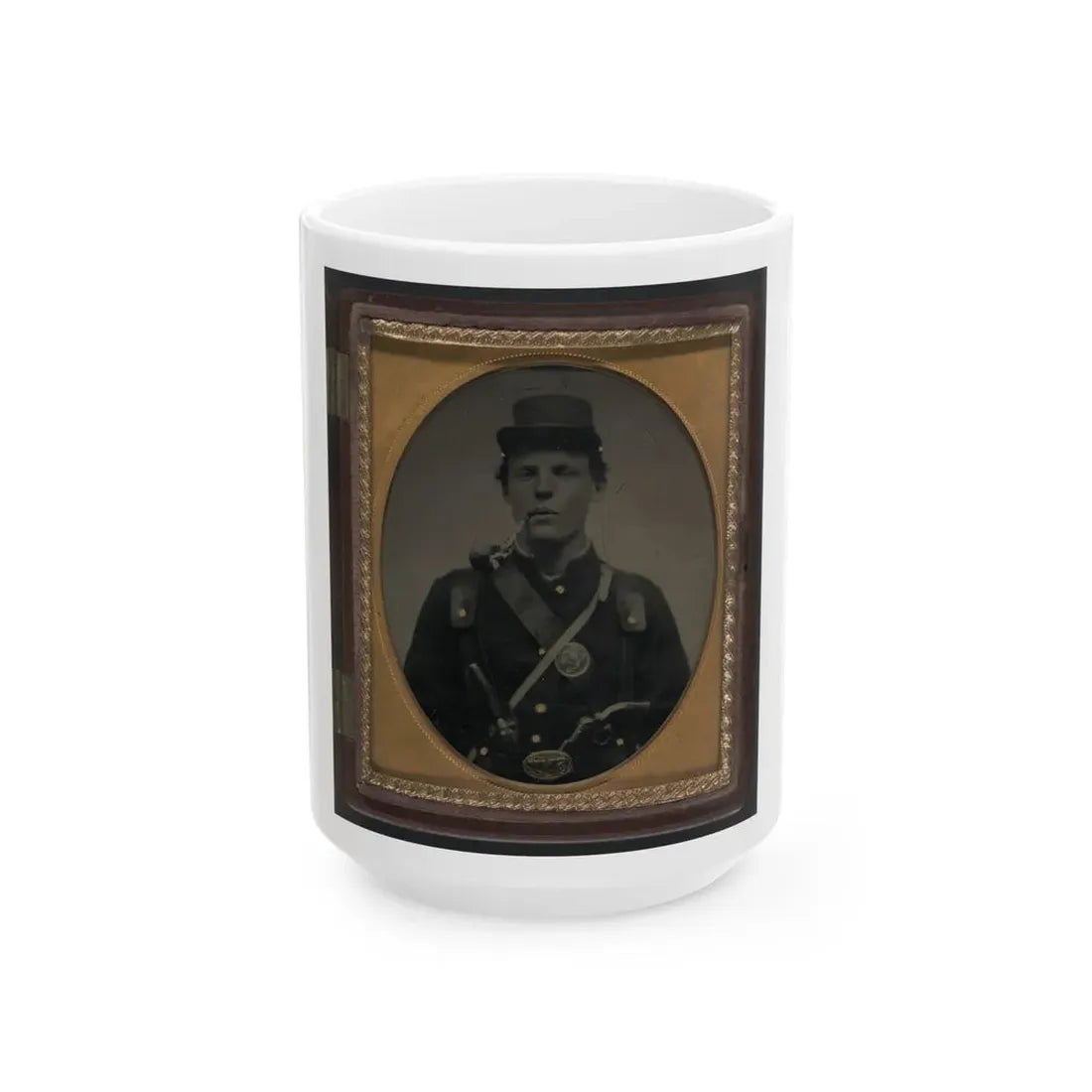Unidentified Soldier In Union Uniform And State Of New York Belt Buckle With Revolver And Side Knife And Smoking Pipe (U.S. Civil War) White Coffee Mug 15oz - Go Mug Yourself