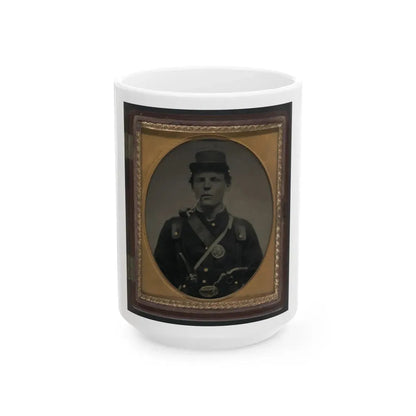 Unidentified Soldier In Union Uniform And State Of New York Belt Buckle With Revolver And Side Knife And Smoking Pipe (U.S. Civil War) White Coffee Mug 15oz - Go Mug Yourself