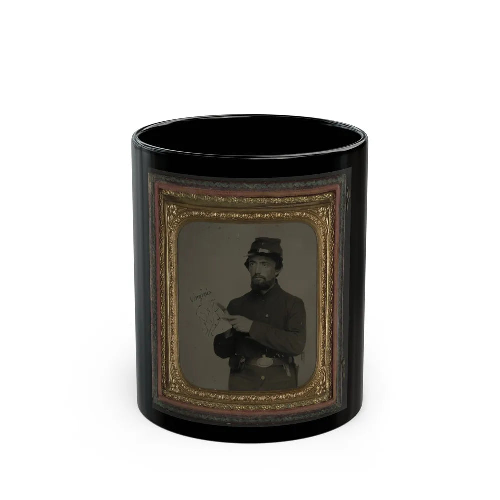 Unidentified Soldier In Union Uniform And U.S. Belt Buckle With Pistol Holding Hand-Drawn Map Of Virginia (U.S. Civil War) Black Coffee Mug-11oz-Go Mug Yourself