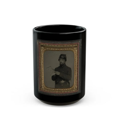 Unidentified Soldier In Union Uniform And U.S. Belt Buckle With Pistol Holding Hand-Drawn Map Of Virginia (U.S. Civil War) Black Coffee Mug-15oz-Go Mug Yourself