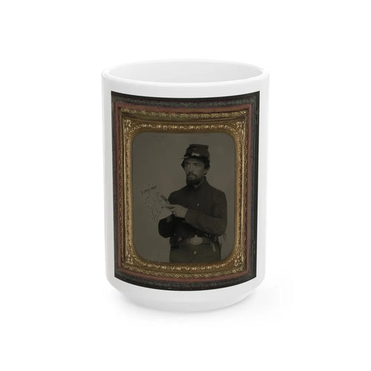 Unidentified Soldier In Union Uniform And U.S. Belt Buckle With Pistol Holding Hand-Drawn Map Of Virginia (U.S. Civil War) White Coffee Mug-15oz-Go Mug Yourself