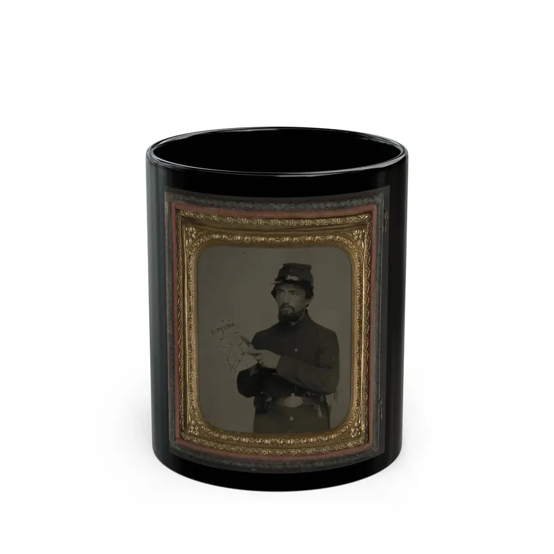 Unidentified Soldier In Union Uniform And U.S. Belt Buckle With Pistol Holding Hand-Drawn Map Of Virginia (U.S. Civil War) Black Coffee Mug 11oz - Go Mug Yourself