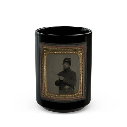 Unidentified Soldier In Union Uniform And U.S. Belt Buckle With Pistol Holding Hand-Drawn Map Of Virginia (U.S. Civil War) Black Coffee Mug 15oz - Go Mug Yourself