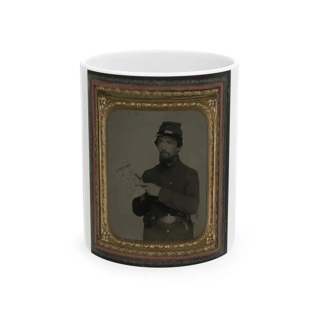 Unidentified Soldier In Union Uniform And U.S. Belt Buckle With Pistol Holding Hand-Drawn Map Of Virginia (U.S. Civil War) White Coffee Mug 11oz - Go Mug Yourself