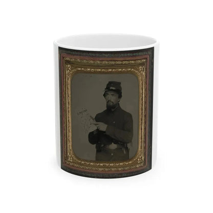 Unidentified Soldier In Union Uniform And U.S. Belt Buckle With Pistol Holding Hand-Drawn Map Of Virginia (U.S. Civil War) White Coffee Mug 11oz - Go Mug Yourself